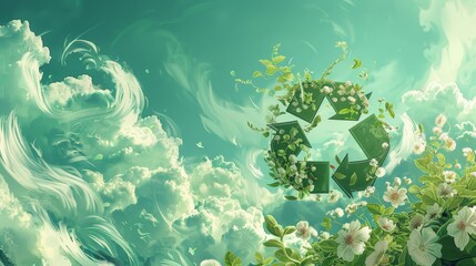 Recycling symbol in bold green shades clouds and flowers dynamic backdrop