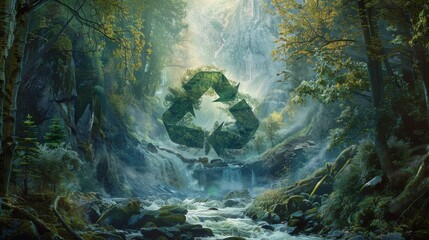 Obraz premium Recycling symbol in swirling greenery and mist with towering trees backdrop