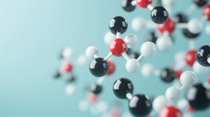 Modern molecular diagram, red and black spheres, white links, blue background, high-res, detailed, flat design illustration, realistic photo, cinematography, hyper realistic