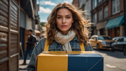 Young woman with curly hair carrying a large parcel on a busy city street, representing urban delivery and logistics.
