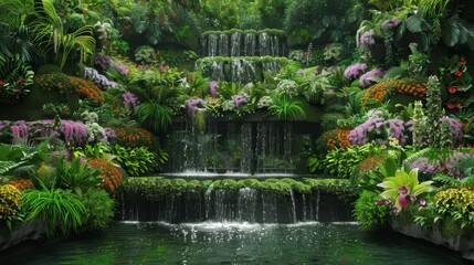 Fototapeta premium Lush garden backdrop with recycling symbol in recycled waterfalls and ponds
