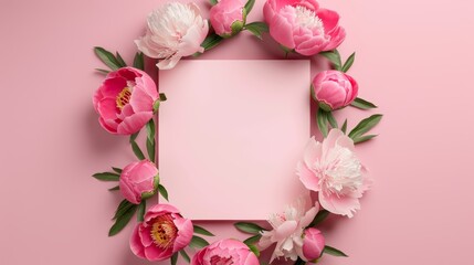 Pink peony flower wreath with a blank square paper sheet on a pink background