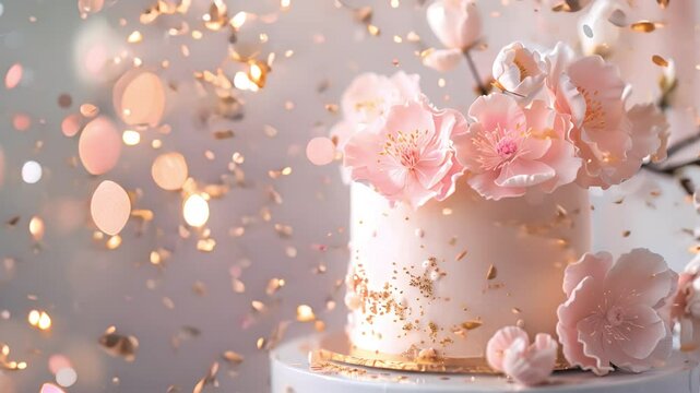 Elegant wedding cake with pink flowers and golden details