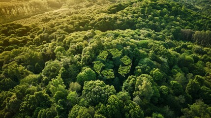 Recycling symbol in tree bark rolling hills and lush meadows background