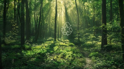 Obraz premium Tranquil forest with recycling symbol dappled sunlight and muted green background