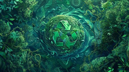 Abstract background with green recycling symbol orb swirling leaves and vines