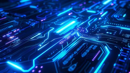 Obraz premium Blue neon lights, lines, technological dark background.