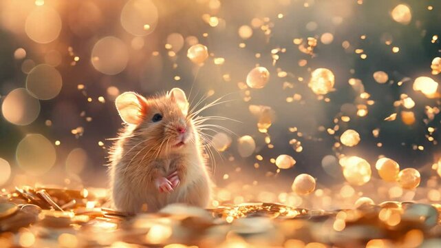 Hamster surrounded by flying golden coins in the air, getting rich concept.