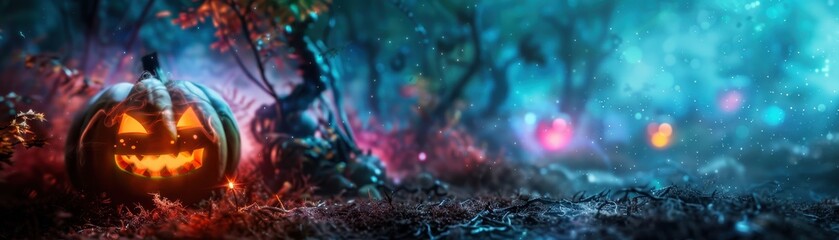 Spooky Halloween Pumpkin in Enchanted Forest with Glowing Lights and Mystical Atmosphere