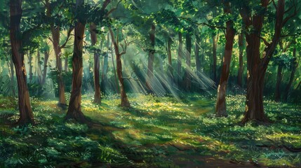 Obraz premium Forest scene with dappled sunlight creates a serene background
