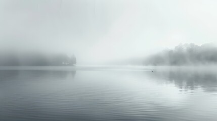 Tranquil lake with foggy wisps forms a serene wallpaper