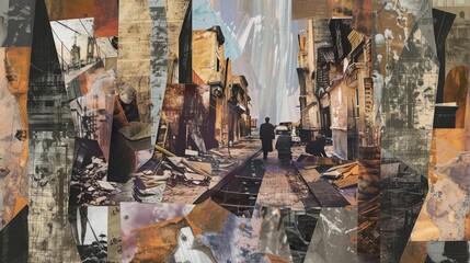 Fragmented images and distorted shapes in a dynamic collage backdrop