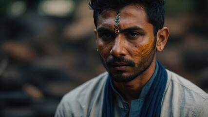 A man with traditional face paint and cultural attire, looking serious and contemplative in an outdoor setting, highlighting cultural heritage and expression.
