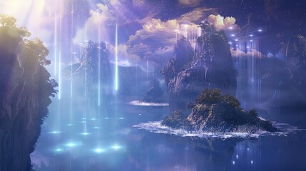 Floating islands with ethereal light beams suggesting transcendent background