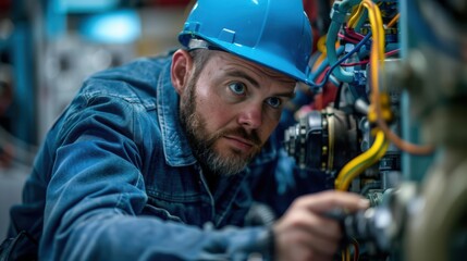 A man in a blue jacket and a blue helmet is working on a machine