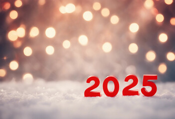 Red letters "2025" on blurred bokeh festive Christmas background, copy space