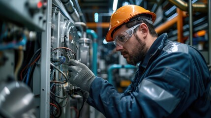 A man in a blue jacket and orange hat is working on a machine