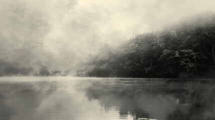 Fototapeta premium Monochromatic foggy lake scene reflecting tranquil Passover backdrop
