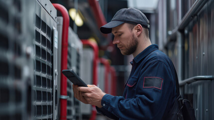 A man in a blue jacket is looking at a tablet