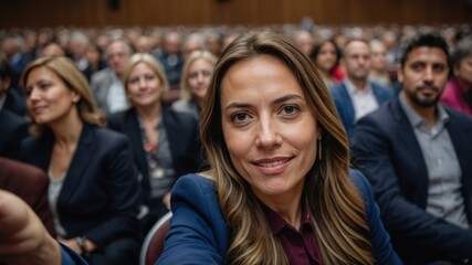 Obraz premium A businesswoman taking a selfie with a diverse conference audience, capturing a moment of engagement and connection in a professional setting. 