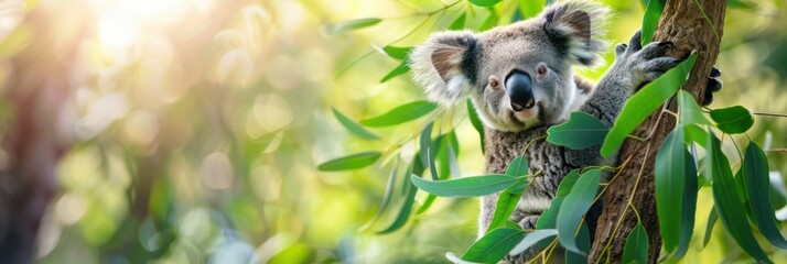 Obraz premium Save the koala day. Horizontal banner. Cute koala sits on a eucalyptus tree, green background. Concept of wildlife protection, environmental conservation. International Wild Koala Day. Copy space