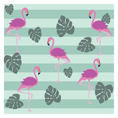 Pink flamingos pattern.
Background design. Seamless Tropical leaves collection. Vector isolated elements on the green background. shades of green. Vector illustration EPS10