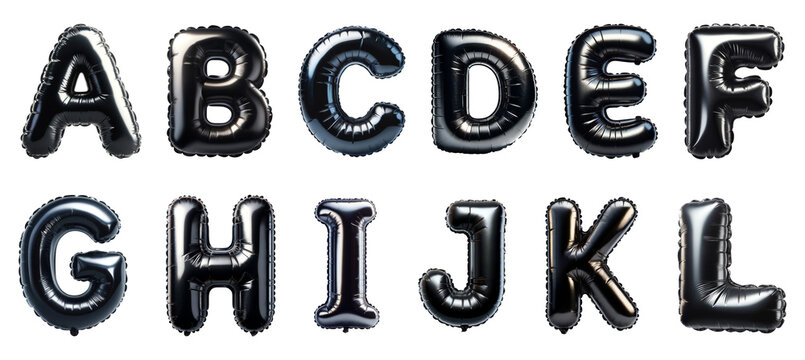 Black balloon letters A to L alphabet clipart isolated on transparent background