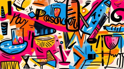 Obraz premium Modern abstract shapes of Passover foods with 'Happy Passover' in graffiti-style wallpaper