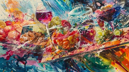 Fototapeta premium Dynamic collage of Passover dishes with 'Happy Passover' amidst vibrant colors wallpaper