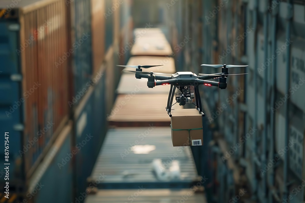 Poster drone delivery at cargo container port - realistic image