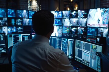 Rear view of a man monitoring multiple screens in a high-tech surveillance control room. Concept of security and technology. Generated AI