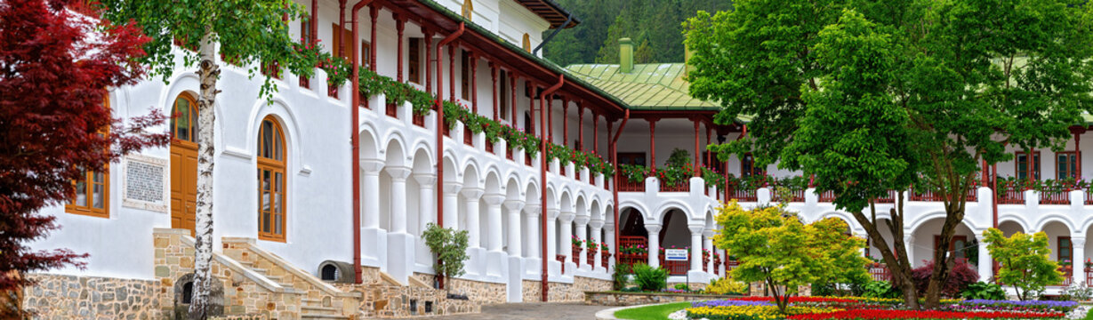 Panoramic view of the inner yard of the romanian-orthodox nunnery Agapia in the region Bucovina, Romania