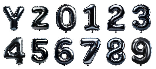 Black balloon letters Y and Z with numbers 0 to 9 clipart isolated on transparent background