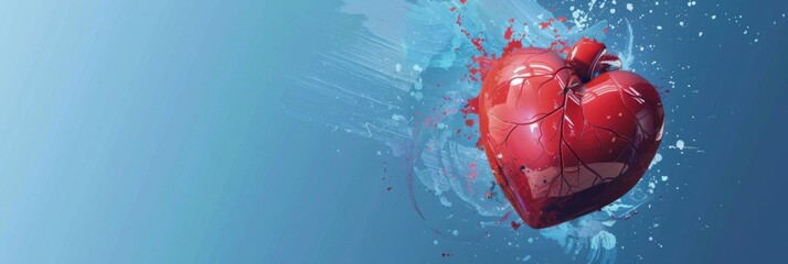 World Heart Day. Horizontal banner. Red heart on a blue background. Free space for text. Health care concept, healthy lifestyle, prevention of heart attack, organ donation