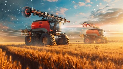 Fototapeta premium Harvesters equipped with Yield Monitoring systems, collecting and analyzing crop yield data during harvesting in a futuristic farm 