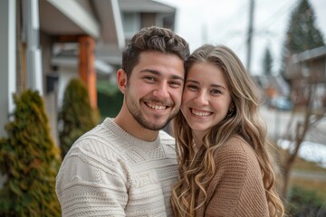 Naklejka premium A joyful couple smiling happily while standing outside in a suburban neighborhood. Captured in natural light. Generated AI