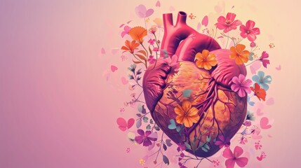 World Heart Day. Horizontal banner. Pink heart decorated with flowers on a pink background. Free space for text. Health care concept, healthy lifestyle, prevention of heart attack, organ donation