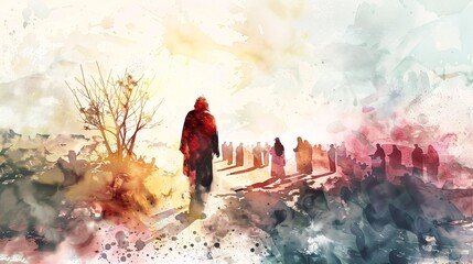 Watercolor painting of lord Jesus and a group of people in the background.