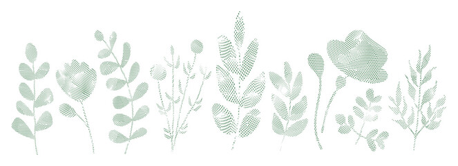 Floral design with green halftone dot, vintage photocopy texture, grunge noise. Punk gradient pattern. Vector leaves shape, dandelions, botanical element, trendy eco poster. Brutal, contemporary art