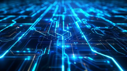 Obraz premium Blue neon lights, lines, technological dark background.