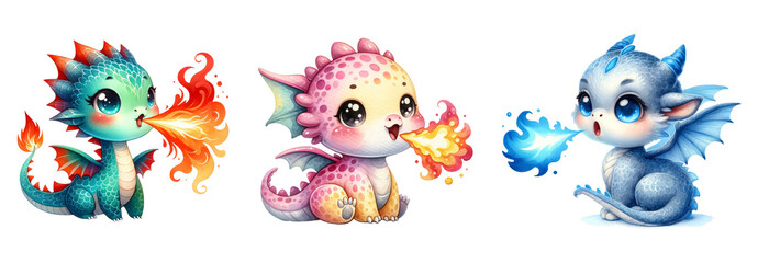 Obraz premium Watercolor baby dragons breathing fire clipart isolated on transparent background