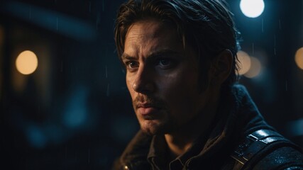 A pensive man with a serious expression, wearing a leather jacket, standing in an urban setting at night with blurred lights in the background.
