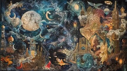 Fototapeta premium Light and color tapestry depicting classic literature scenes background