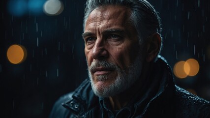 Fototapeta premium A serious older man with a salt-and-pepper beard, standing in the rain at night, illuminated by blurred city lights in the background. 