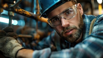 Obraz premium A man in a blue shirt and a hard hat is looking down at something