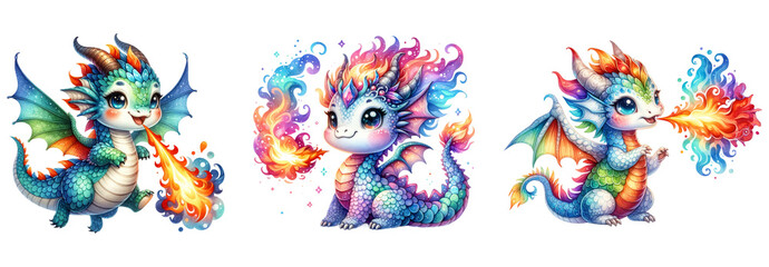 Watercolor baby dragons breathing fire clipart isolated on transparent background