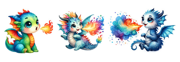 Obraz premium Watercolor baby dragons breathing fire clipart isolated on transparent background