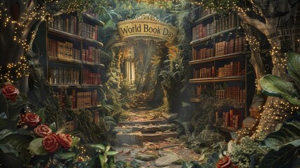 Fototapeta premium Illuminated manuscripts and scrolls with 'World Book Day' in a mystical garden backdrop