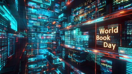 Obraz premium Cyber archive with holographic books and 'World Book Day' in neon lights in a background