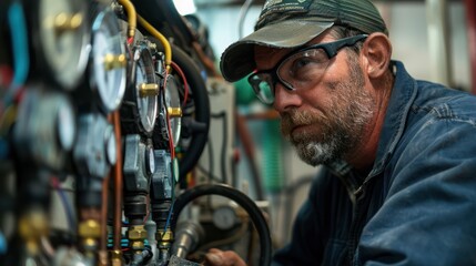 Obraz premium A man in a blue shirt and hat is working on a machine